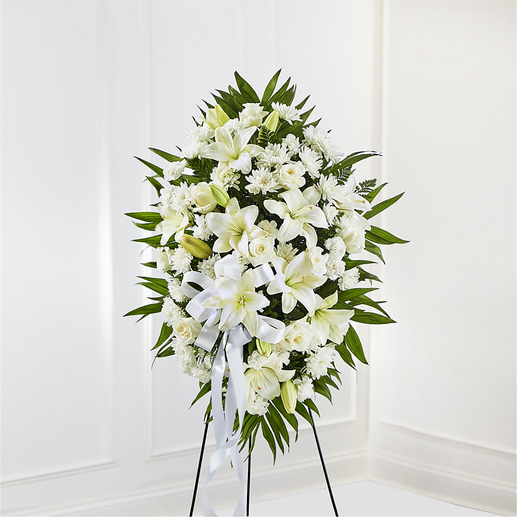 Exquisite Tribute Standing Spray-White Ribbon – The Country Florist, Armour SD